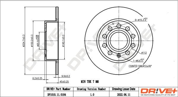 Dr!ve+ DP1010.11.0184 Rear brake disc, non-ventilated DP1010110184