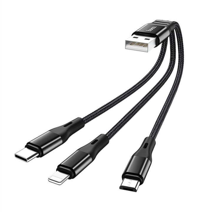 Hoco 6931474727398 Hoco X47 USB to iP+Type-C+Micro 2.4A, 0.25m, nylon, aluminum connectors, Black 6931474727398