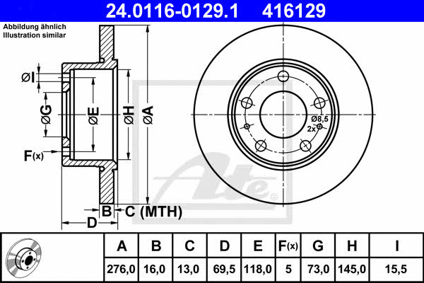 Ate 24.0116-0129.1 Rear brake disc, non-ventilated 24011601291