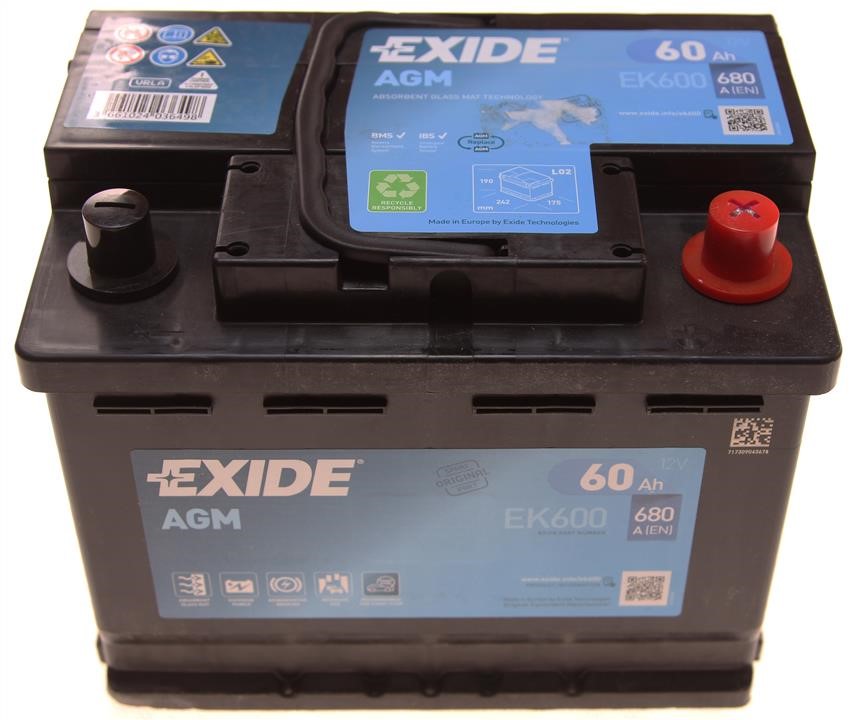 Exide EK600 Battery Exide Start-Stop AGM 12V 60AH 680A(EN) R+ EK600