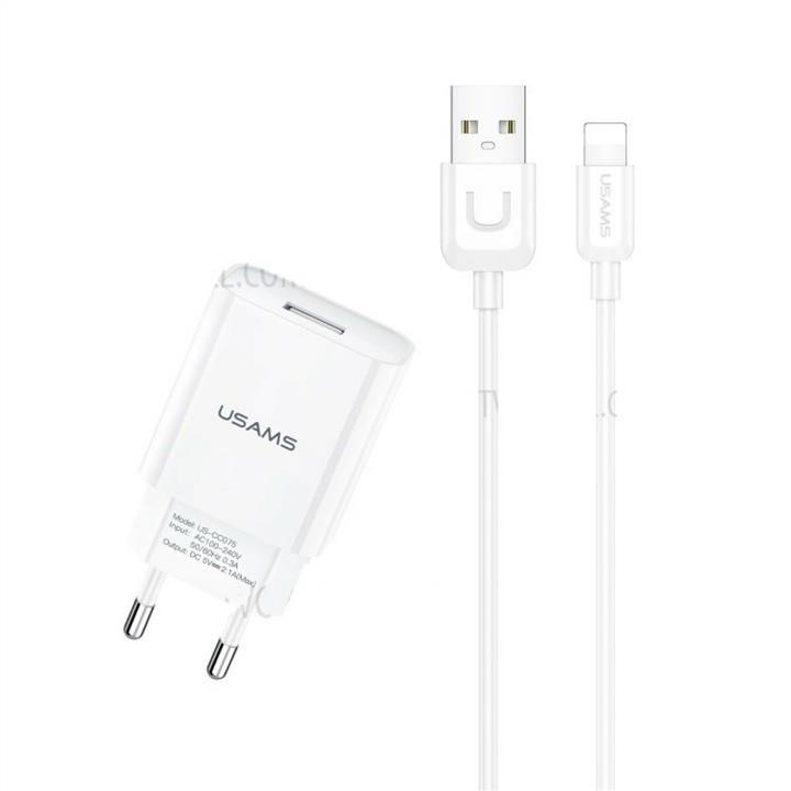 Usams T21OCLN01 AC charger Usams T21 Charger kit T18 single USB EU charger +Uturn Lightning cable White T21OCLN01