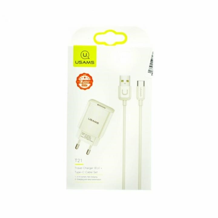 Usams T21OCTC01 AC charger Usams T21 Charger kit T18 single USB EU charger +Uturn Type-C cable White T21OCTC01