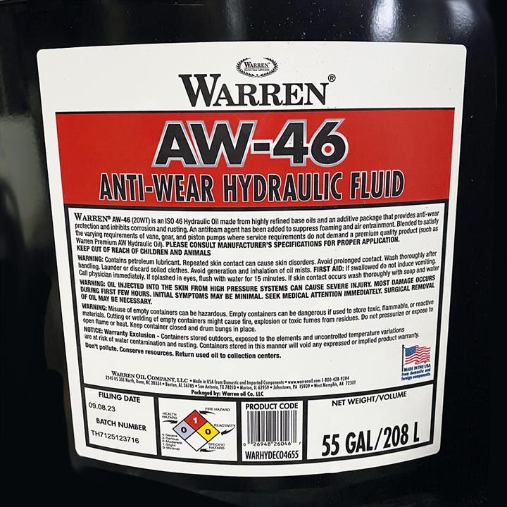 Hydraulic oil Warren AW 46, 208 l Warren WARHYDECO4655