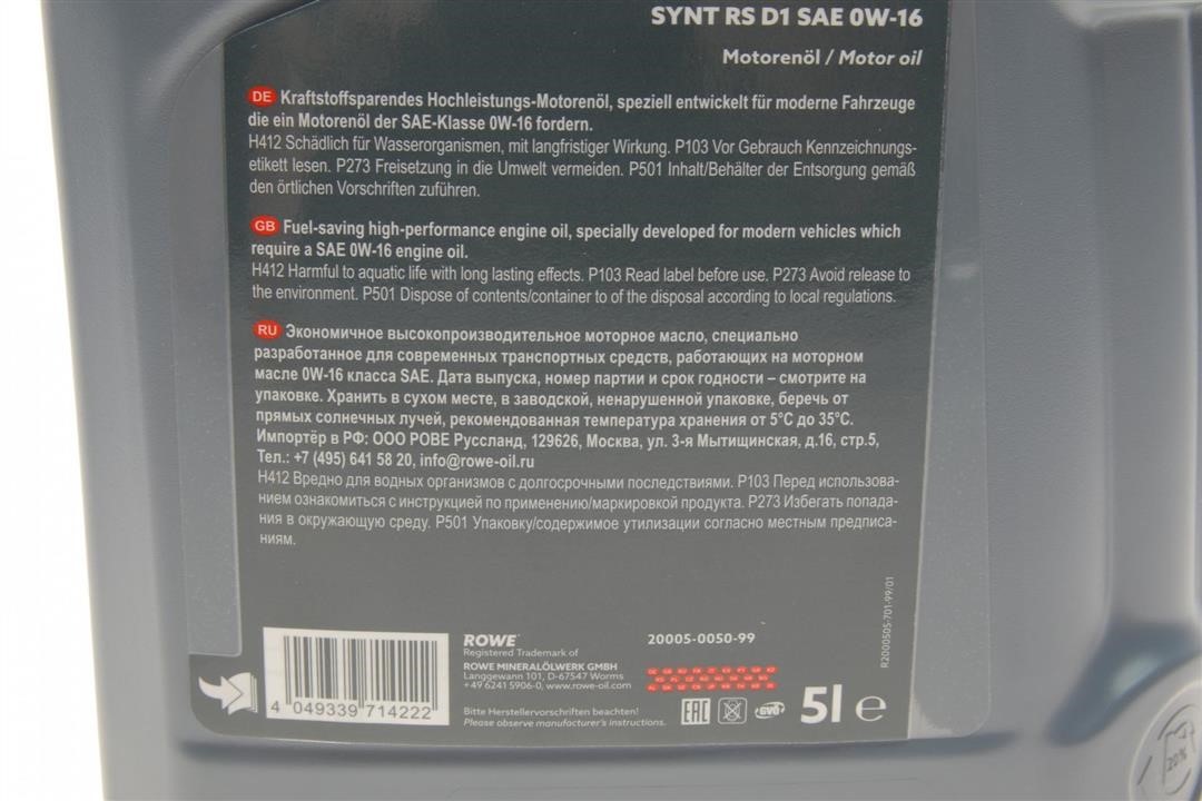 Engine oil ROWE HIGHTEC SYNT RS D1 0W-16, 5L Rowe 20005-0050-99