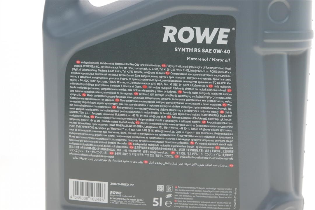 Engine oil ROWE HIGHTEC SYNTH RS 0W-40, 5L Rowe 20020-0050-99