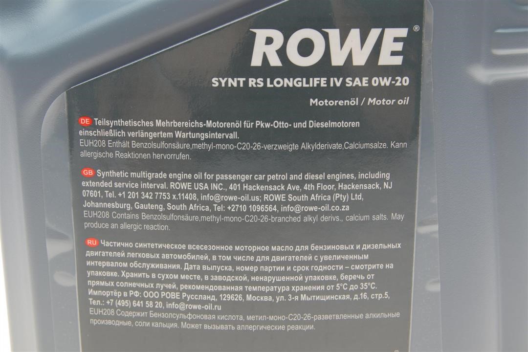 Engine oil ROWE HIGHTEC SYNTH RS LONGLIFE IV 0W-20, 5L Rowe 20036-0050-99