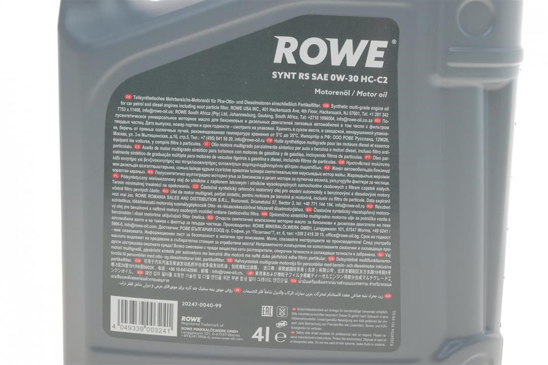 Engine oil ROWE HIGHTEC SYNT RS HC-C2 0W-30, 4L Rowe 20247-0040-99
