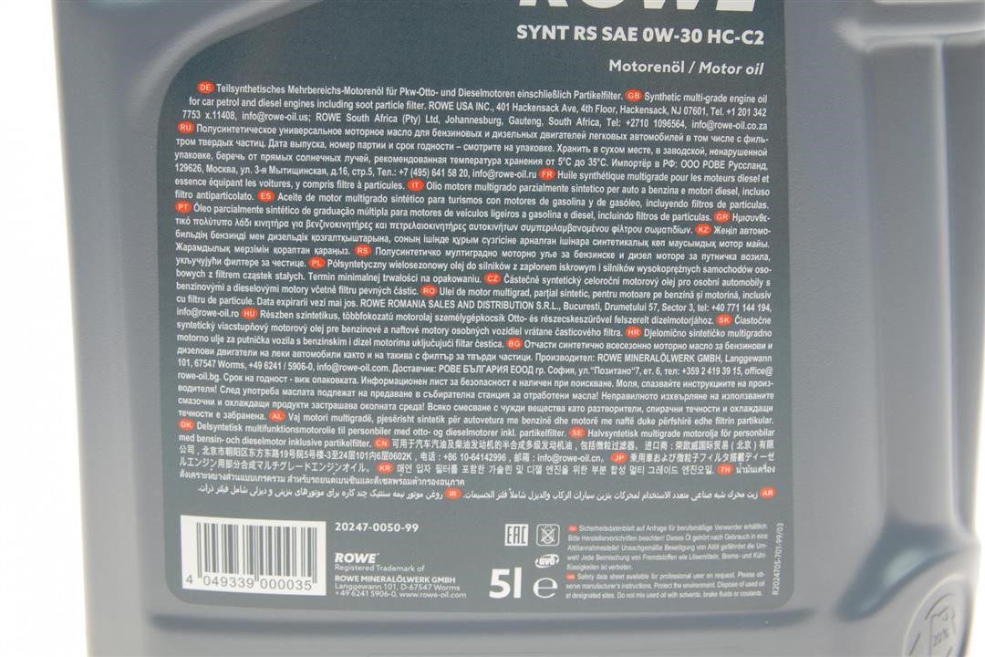 Engine oil ROWE HIGHTEC SYNT RS HC-C2 0W-30, 5L Rowe 20247-0050-99