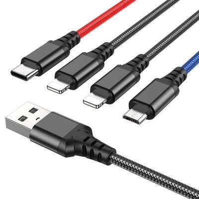 Hoco 6931474768643 HOCO X76 USB to iP+iP+Type-C+Micro 2A, 1m, nylon, aluminum connectors Black+Red+Blue 6931474768643