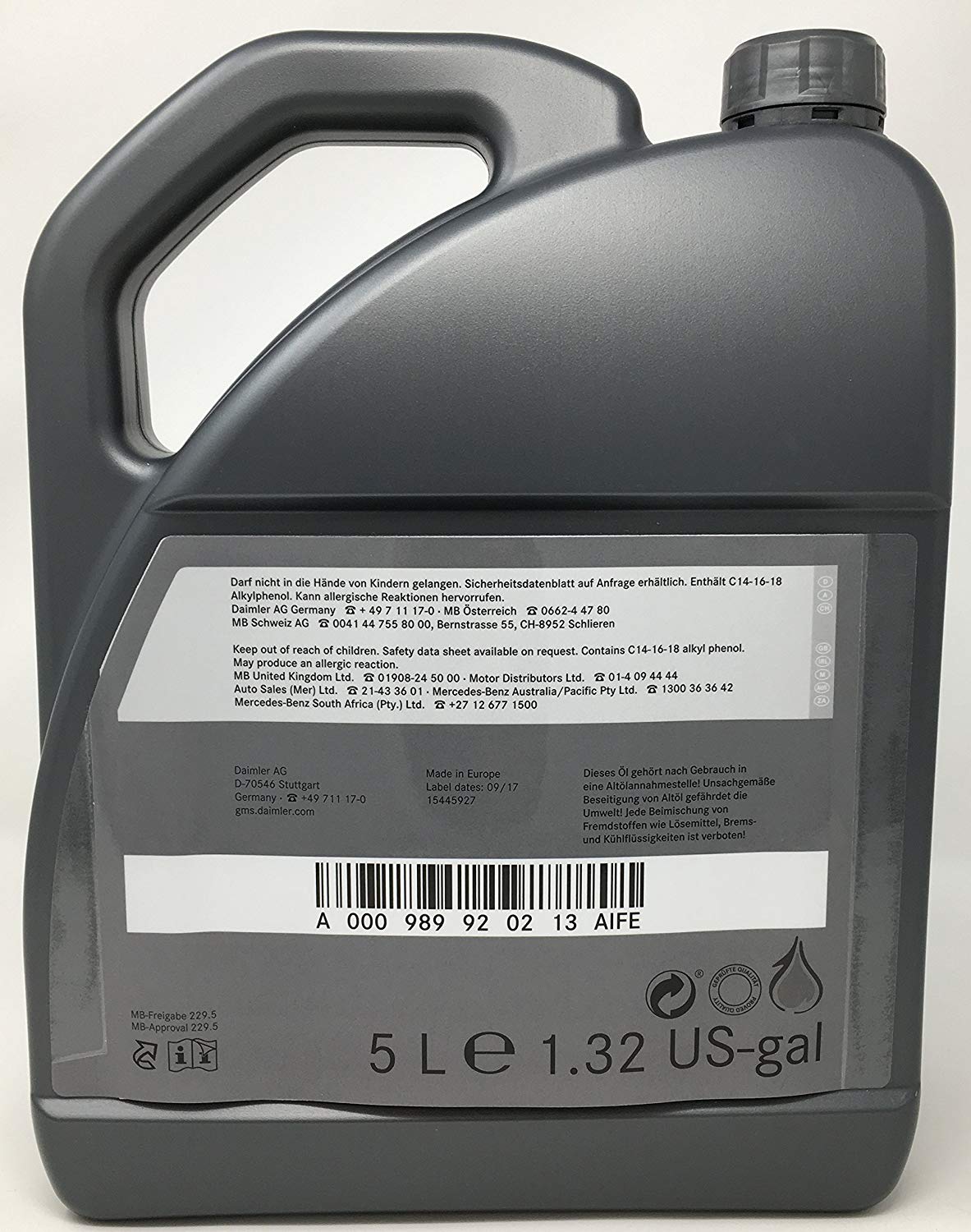 Engine oil Mercedes MB 229.5 5W-40, 5L Mercedes 5W40MB22955L