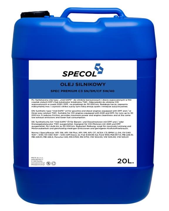 101972 Specol Engine oil SPECOL SPEC PREMIUM C3 5W-40, 20L
