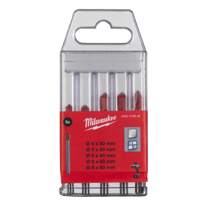 4932479948 Milwaukee Set of GENII glass and tile drills (1 x 4 x 50, 1 x 5 x 50, 2 x 6 x 60, 1 x 8 x 60) (5 pcs.), plastic case