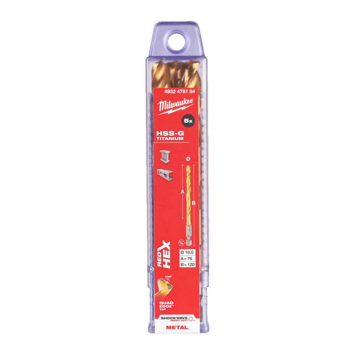 4932478184 Milwaukee RedHEX HSS-G TiN metal drill MILWAUKEE, diameter 10 mm (5 pcs)