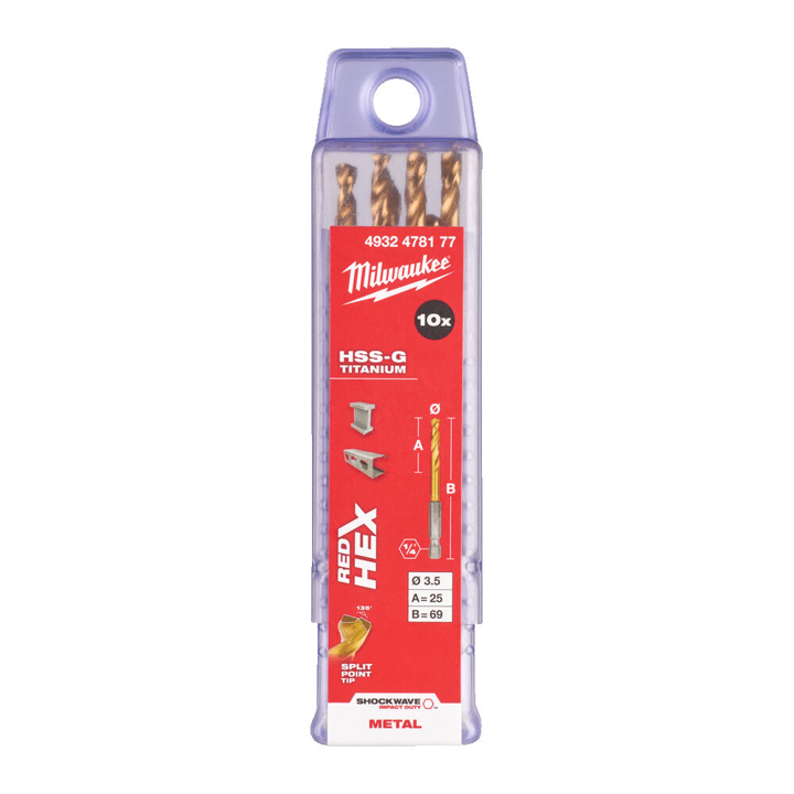 4932478177 Milwaukee RedHEX HSS-G TiN MILWAUKEE metal drill, diameter 3.5 mm (10 pcs)