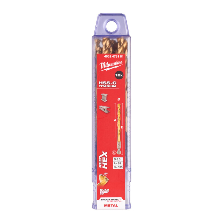 4932478181 Milwaukee Metal drill RedHEX HSS-G TiN MILWAUKEE, diameter 6 mm, (10 pcs) plastic box