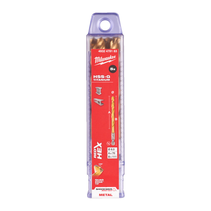 4932478183 Milwaukee Metal drill RedHEX SHOCKWAVE HSS-TiN MILWAUKEE, diameter 8.0x111x70mm, (5pcs)