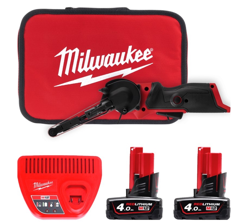 4933480959 Milwaukee MILWAUKEE belt sander 10mm M12 FBFL10-402B, (+ charger, 2 batteries, 2 collets, tool bag)