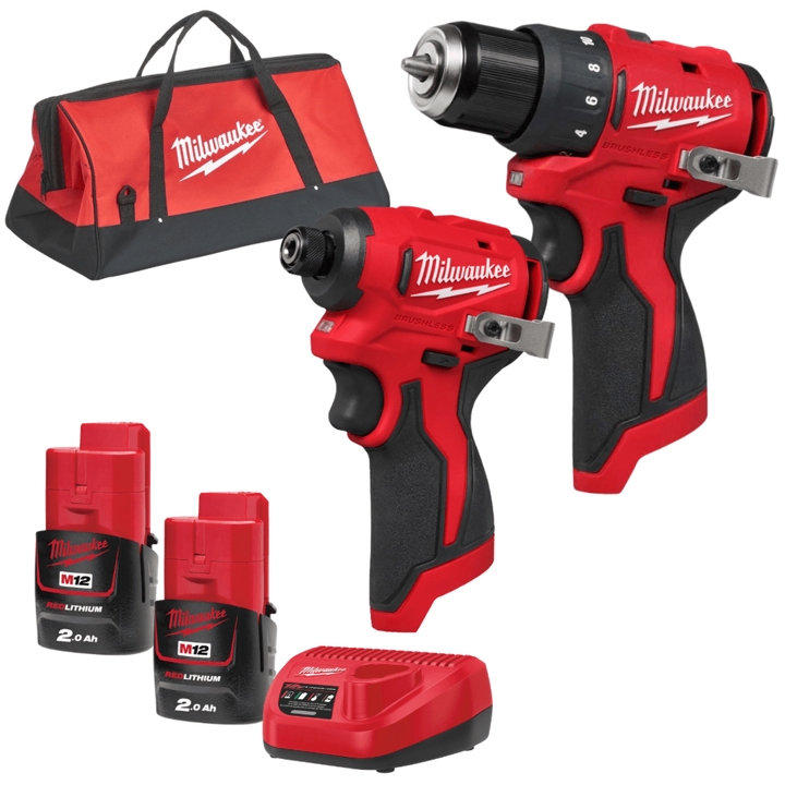 4933500139 Milwaukee Set of 2 M12 BLPP2D-202B Brushless Cordless Tools (BLDDRC Compact Brushless Drill, Compact Impact Screwdriver
