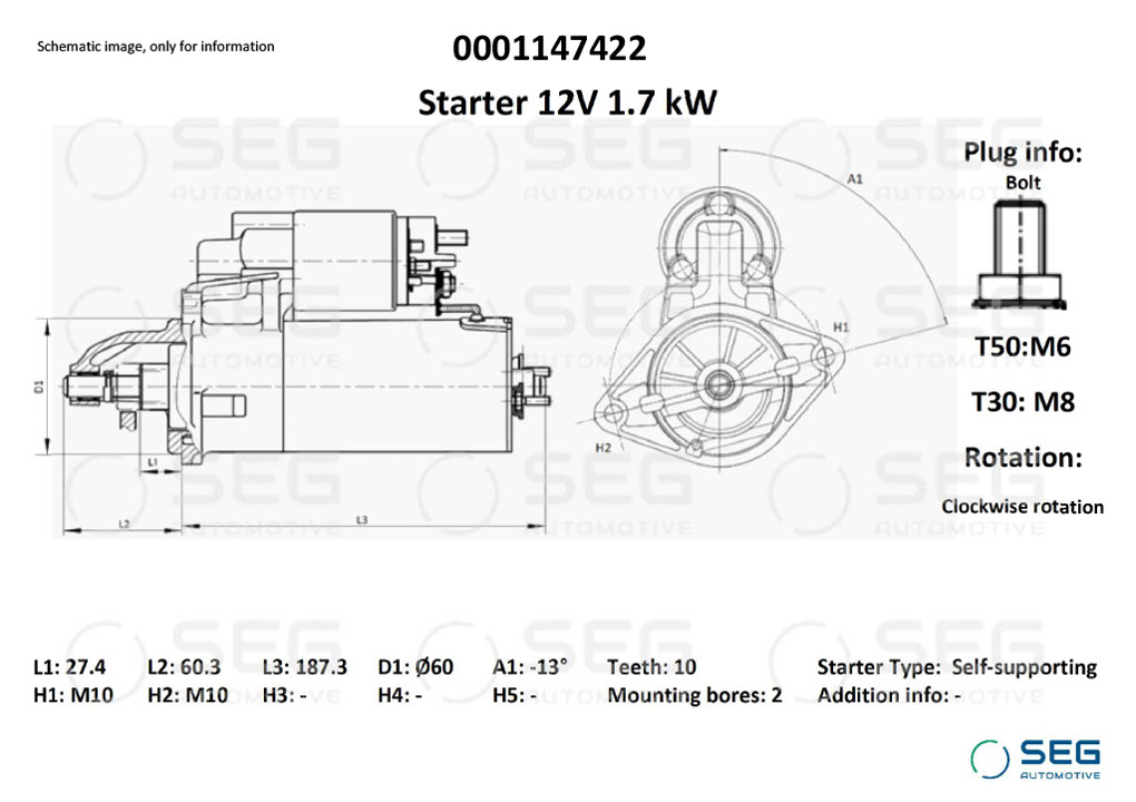 Engine starter Mercedes GLC: 0001147422 SEG Automotive Starter
