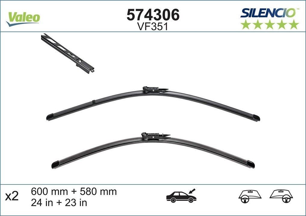 Frameless Wiper Blades Set Valeo Silencio Flat 600/580 Valeo 574306
