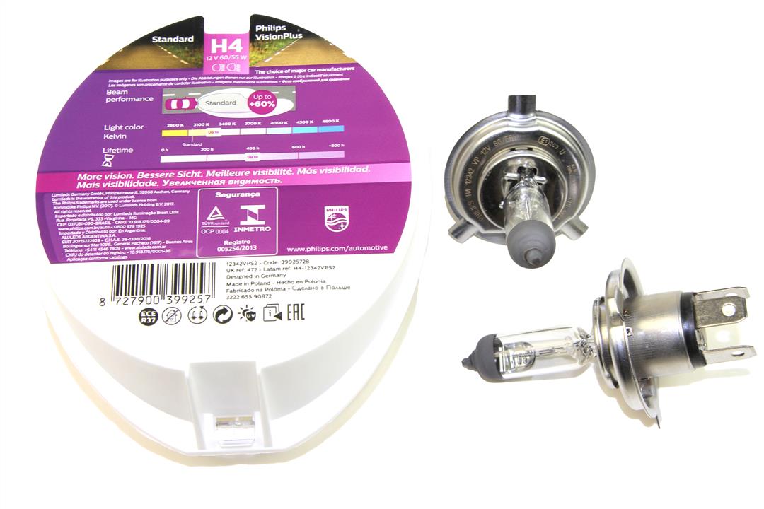 Halogen lamp Philips Visionplus +60% 12V H4 60/55W +60% Philips 12342VPS2