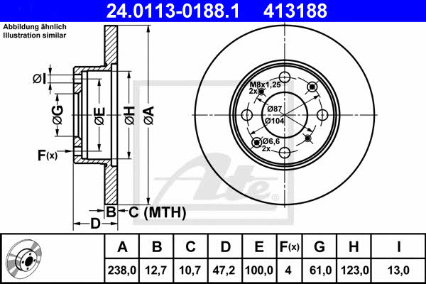 Ate 24.0113-0188.1 Unventilated front brake disc 24011301881