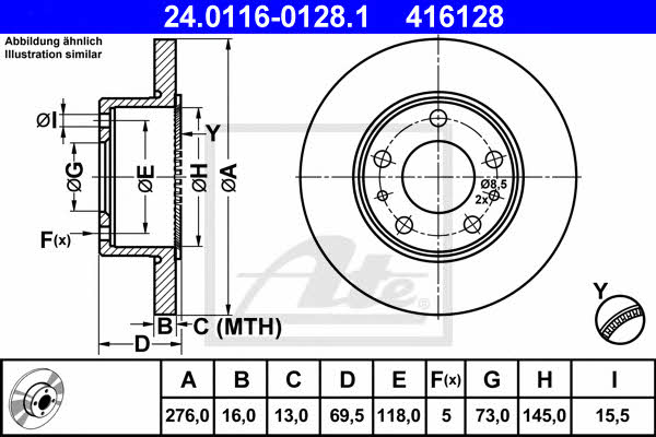 Ate 24.0116-0128.1 Rear brake disc, non-ventilated 24011601281