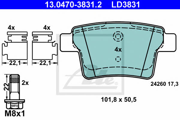 Ate 13.0470-3831.2 ATE CERAMIC disc brake pads, set 13047038312 13047038312 Ate ATE CERAMIC disc brake pads, set