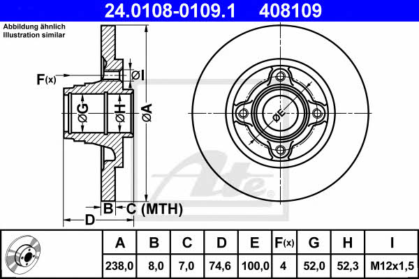 Ate 24.0108-0109.1 Rear brake disc, non-ventilated 24010801091