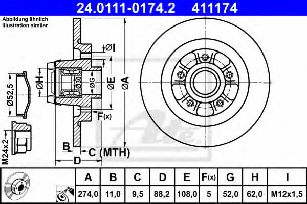 Ate 24.0111-0174.2 Rear brake disc, non-ventilated 24011101742