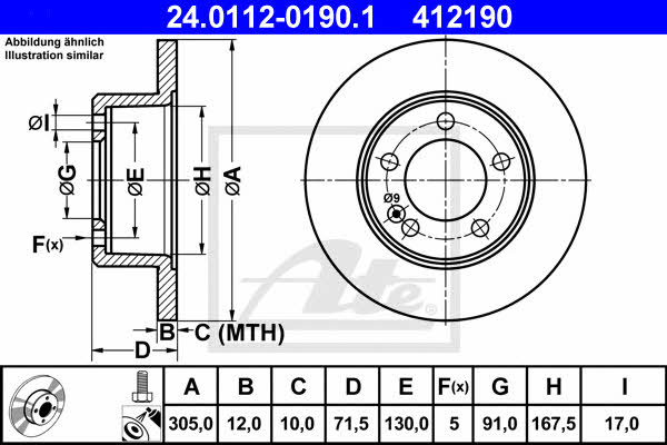 Ate 24.0112-0190.1 Rear brake disc, non-ventilated 24011201901