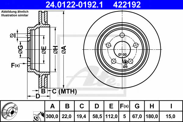 Ate 24.0122-0192.1 Rear ventilated brake disc 24012201921