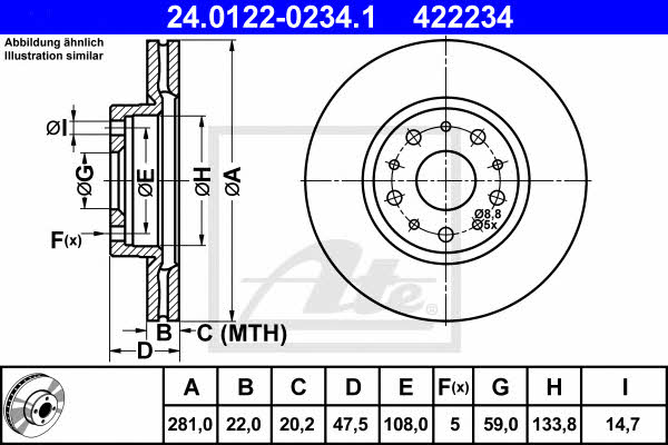 Ate 24.0122-0234.1 Rear ventilated brake disc 24012202341