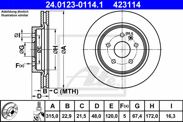 Ate 24.0123-0114.1 Rear ventilated brake disc 24012301141