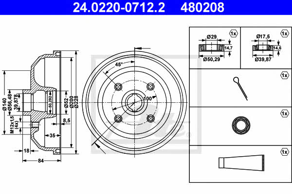 Ate 24.0220-0712.2 Brake drum with wheel bearing, assy 24022007122 24022007122 Ate Brake drum with wheel bearing, assy