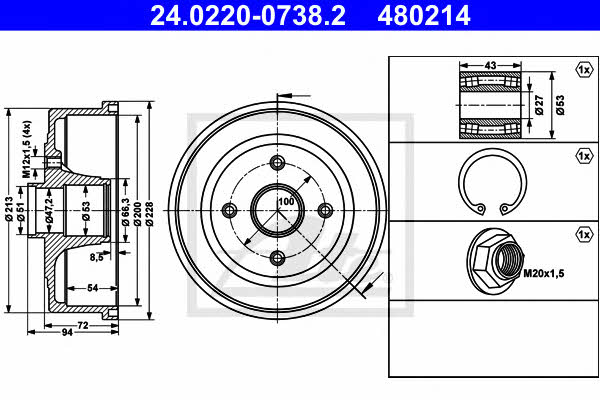Ate 24.0220-0738.2 Brake drum with wheel bearing, assy 24022007382