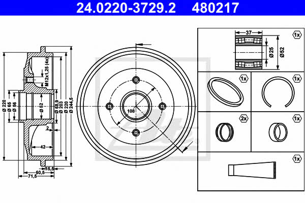 Ate 24.0220-3729.2 Brake drum with wheel bearing, assy 24022037292