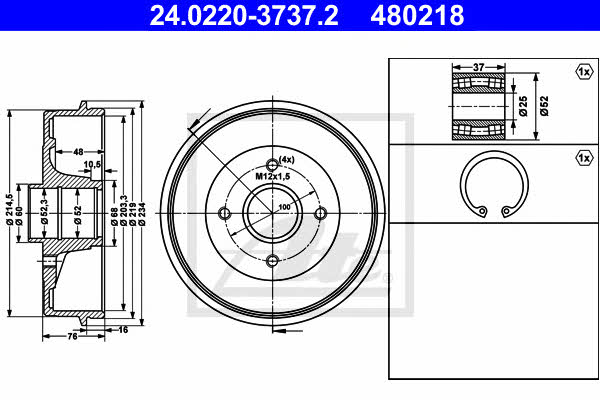 Ate 24.0220-3737.2 Brake drum with wheel bearing, assy 24022037372