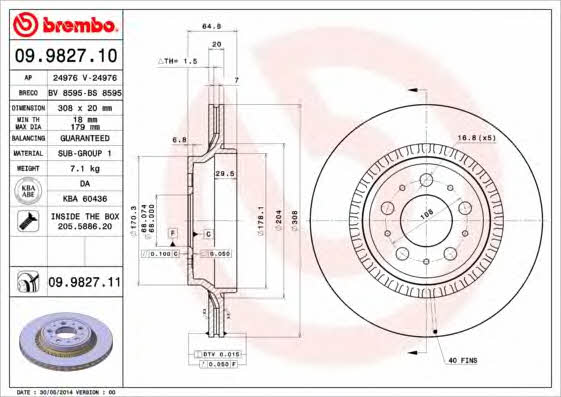 Rear vented brake disc Brembo 09.9827.11