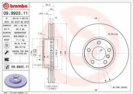 Ventilated disc brake, 1 pcs. Brembo 09.9923.11