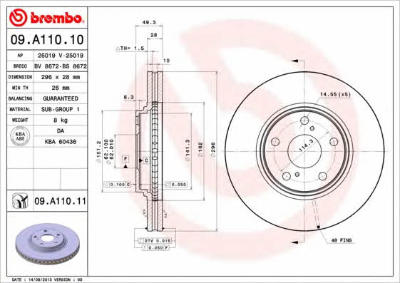 Brembo 09.A110.10 Ventilated disc brake, 1 pcs. 09A11010
