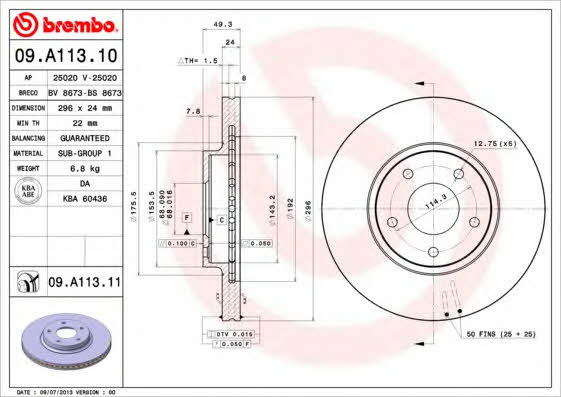 Ventilated disc brake, 1 pcs. Brembo 09.A113.11