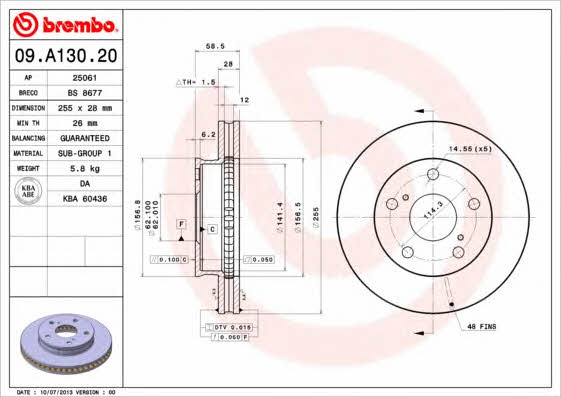 Ventilated disc brake, 1 pcs. Brembo 09.A130.20