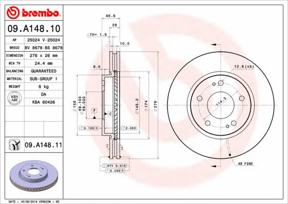 Brembo 09.A148.10 Ventilated disc brake, 1 pcs. 09A14810