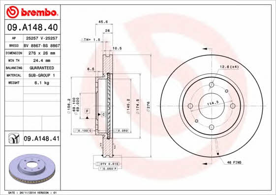 Brembo 09.A148.40 Ventilated disc brake, 1 pcs. 09A14840