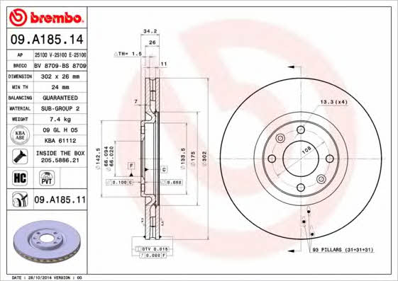 Vented brake disc, 1 pc Brembo 09.A185.11
