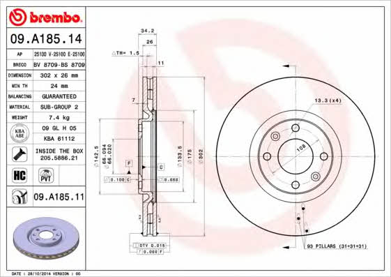 Ventilated disc brake, 1 pcs. Brembo 09.A185.14