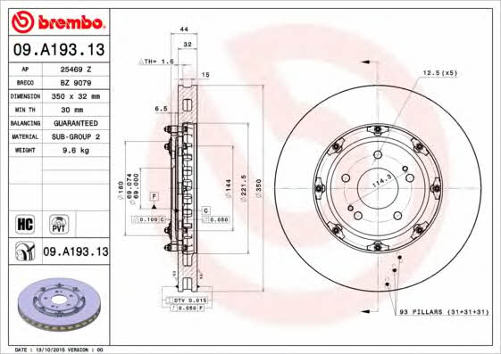 Ventilated disc brake, 1 pcs. Brembo 09.A193.13