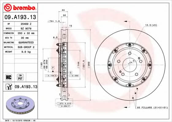 Vented brake disc, 1 pc Brembo 09.A193.13