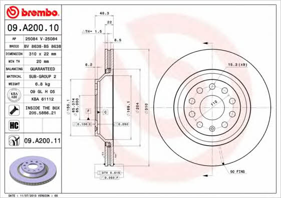 Brembo 09.A200.10 Rear ventilated brake disc 09A20010